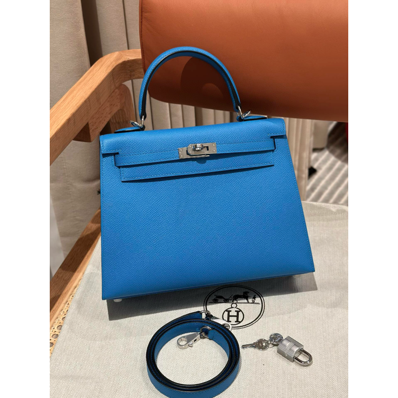 Hermes Kelly 25 / 28  in Epsom Leather-Blue frida